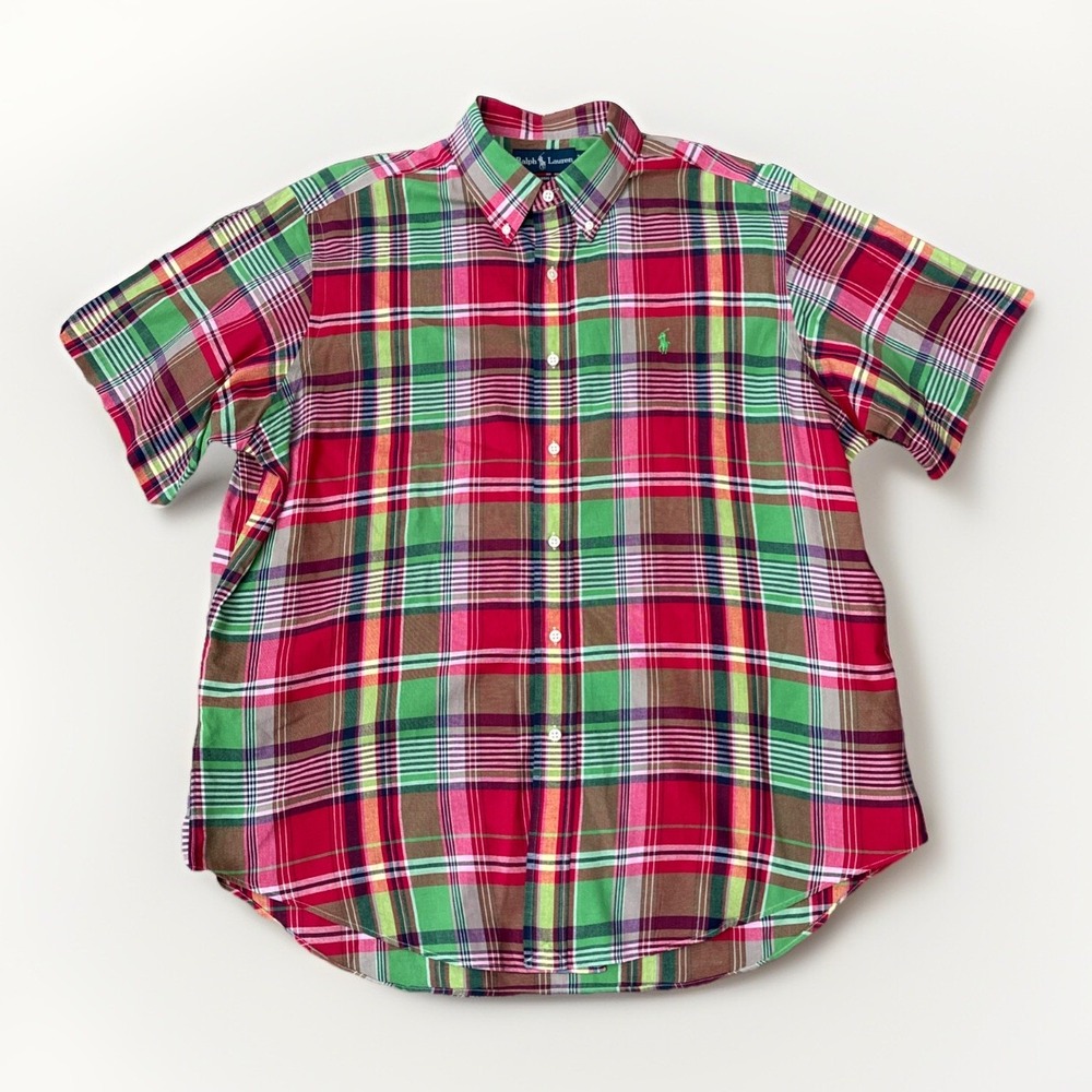 Polo Ralph Lauren Button Down Shirt Mens XL Madras Plaid Cotton Neon Classic Fit
